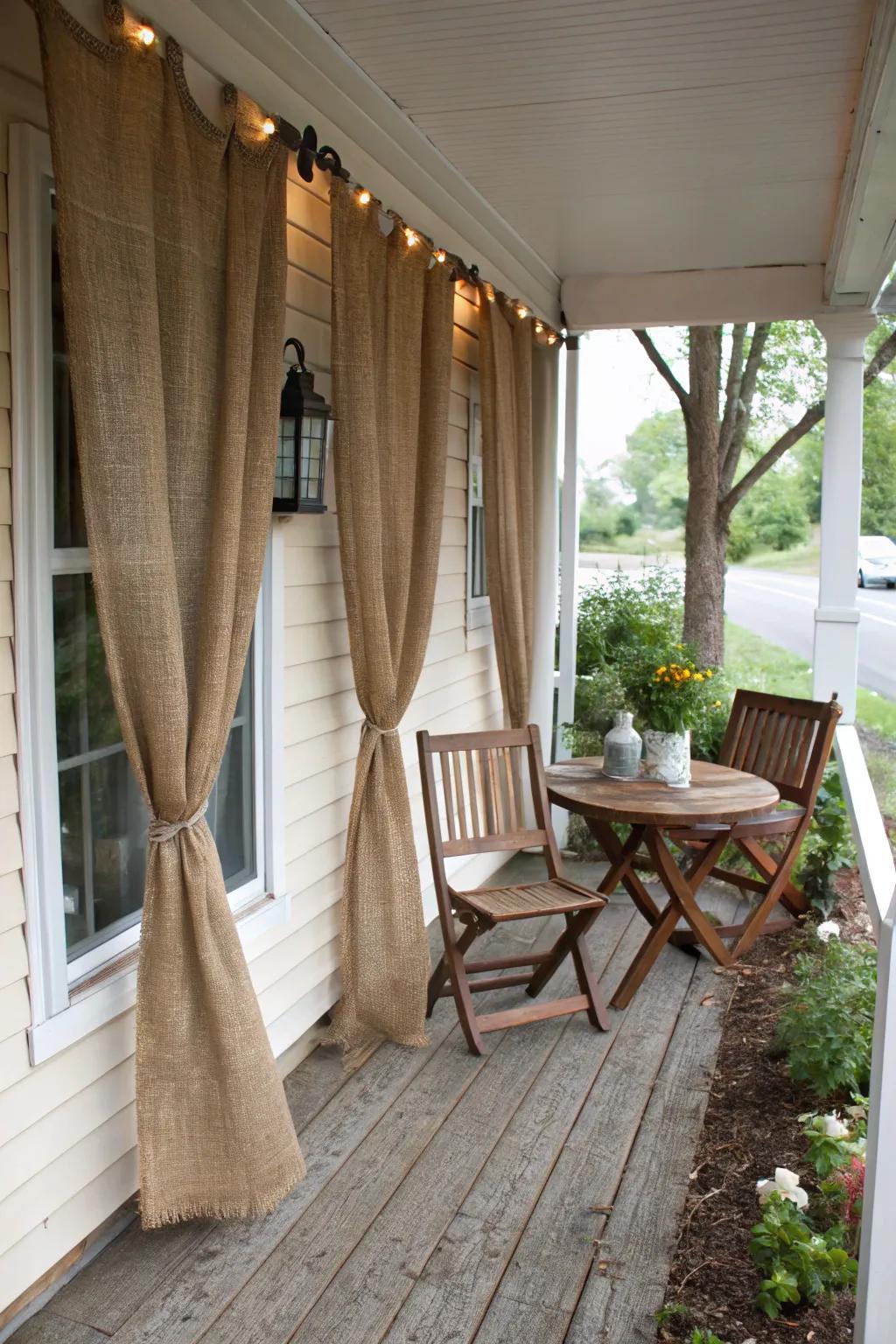 Burlap curtains add a rustic flair to your cozy porch setting.