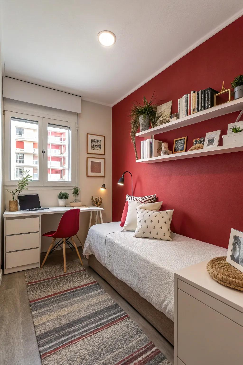 A small bedroom with a striking red accent wall that adds drama and warmth.