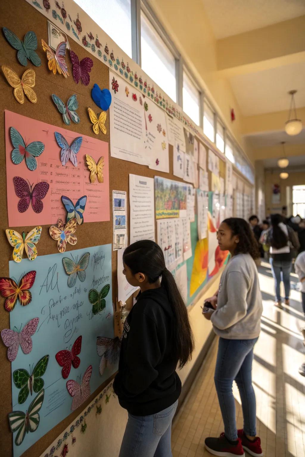 A bulletin board featuring colorful butterflies and motivational quotes about change.