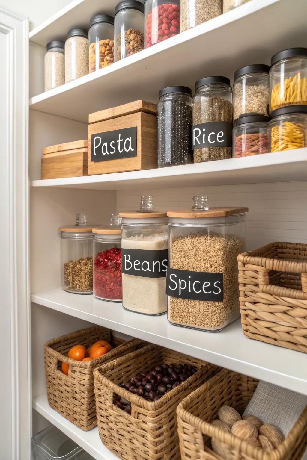 A neatly organized pantry with labeled jars and baskets.