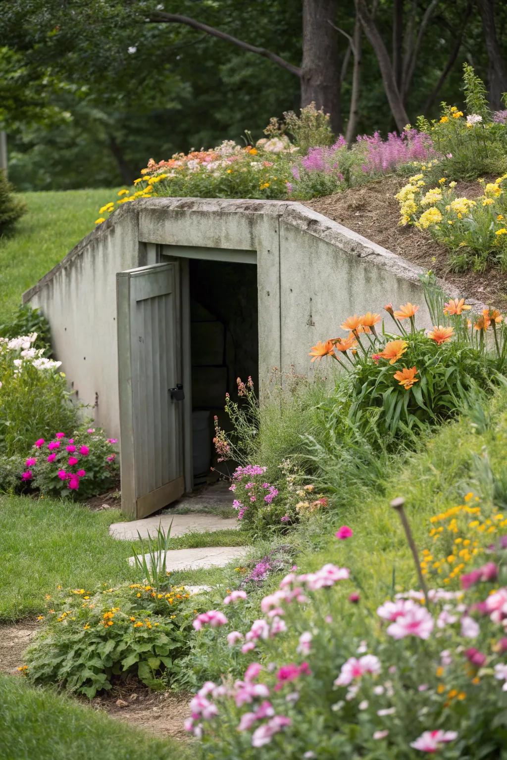 Bright blooms transform the storm shelter into a colorful focal point.