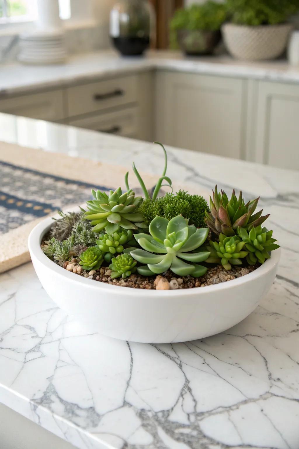 A modern succulent dish garden in a minimalist ceramic bowl.