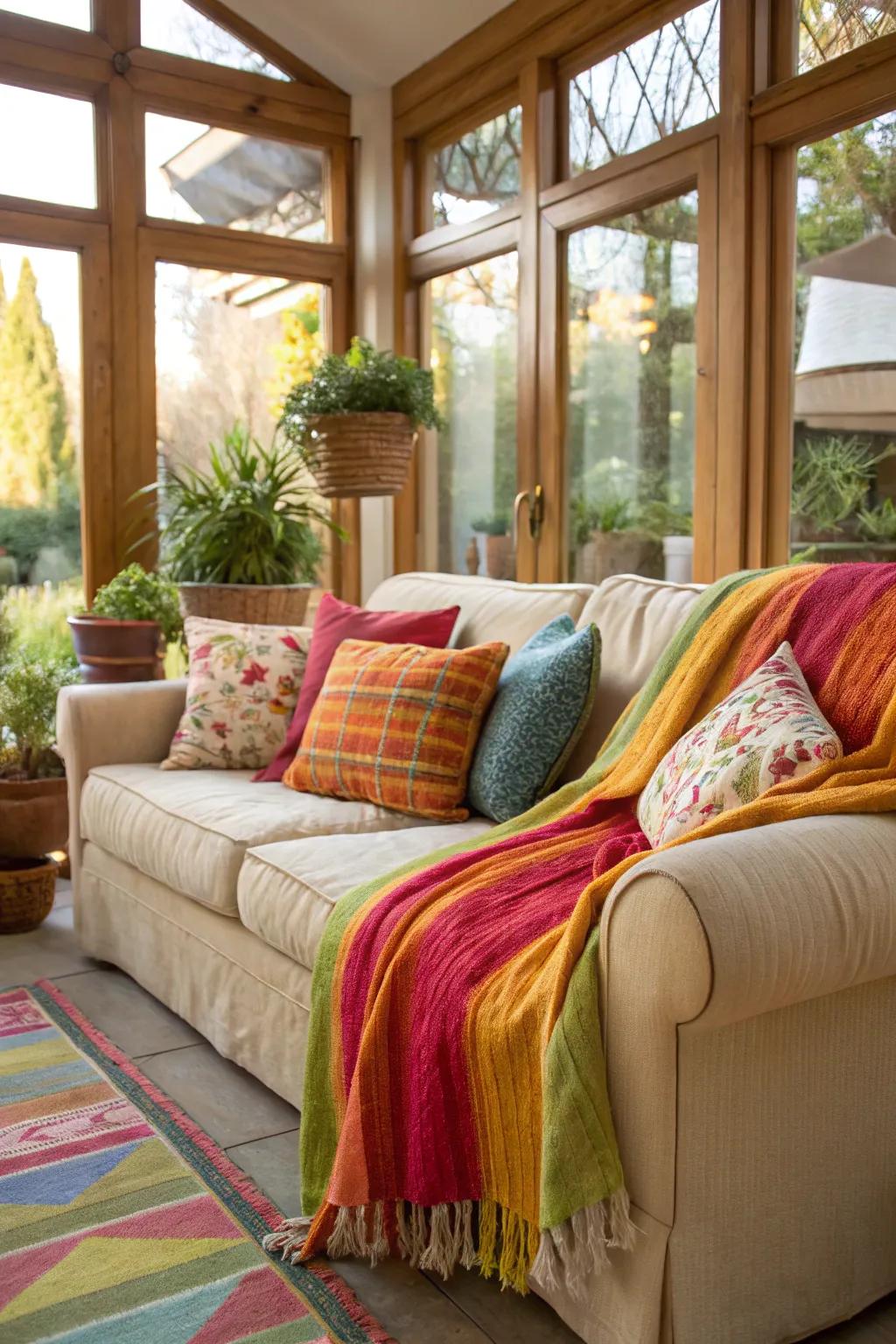 Layered textures add comfort and style to this sunroom setting.