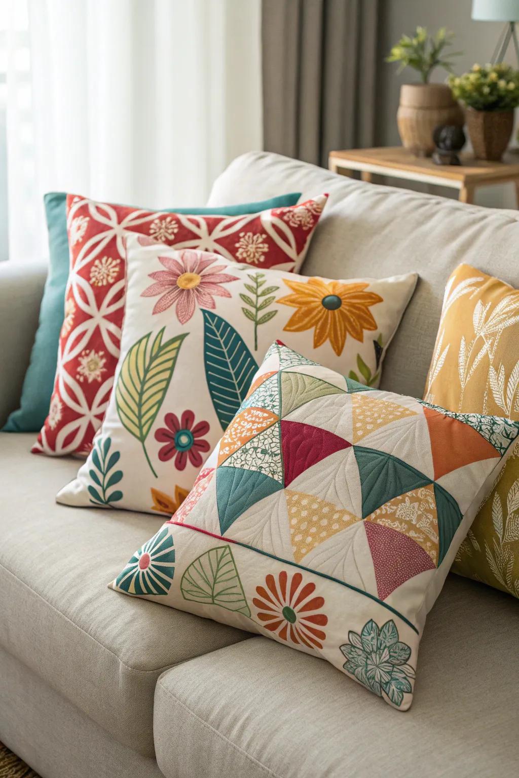 A vivid selection of patterns, including geometric and floral designs, enriching the comfort of a sofa.