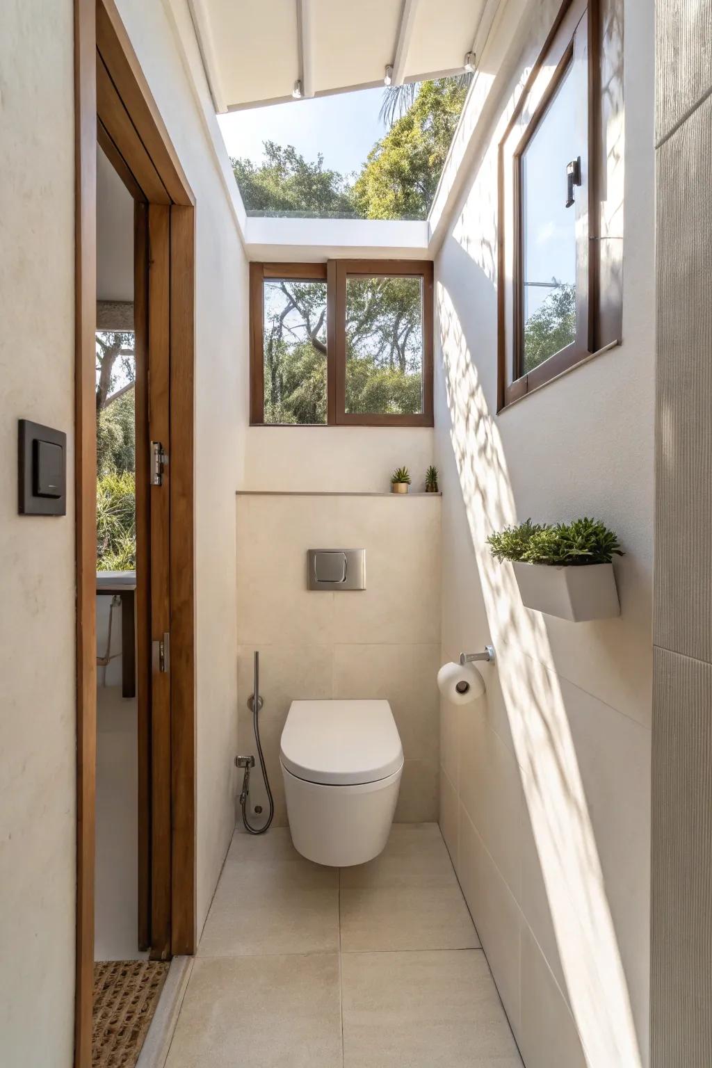 Wall-mounted toilet amplifying space within a compact bathroom