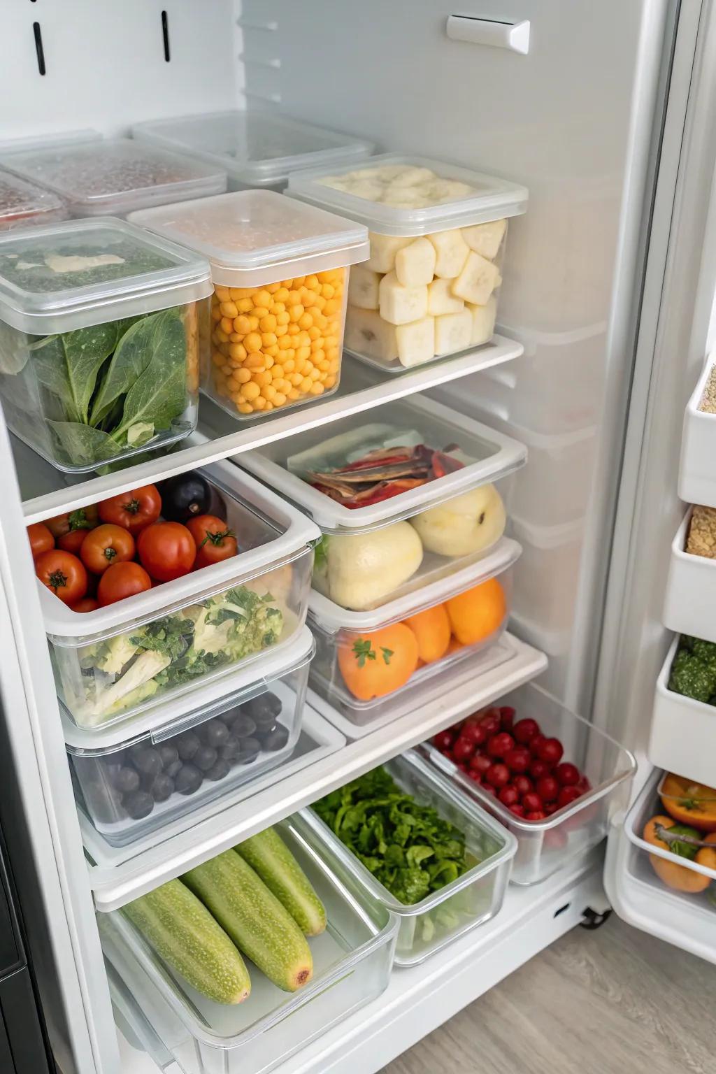 Upright storage of food items using see-through dividers inside a top freezer, maximizing space and visibility.