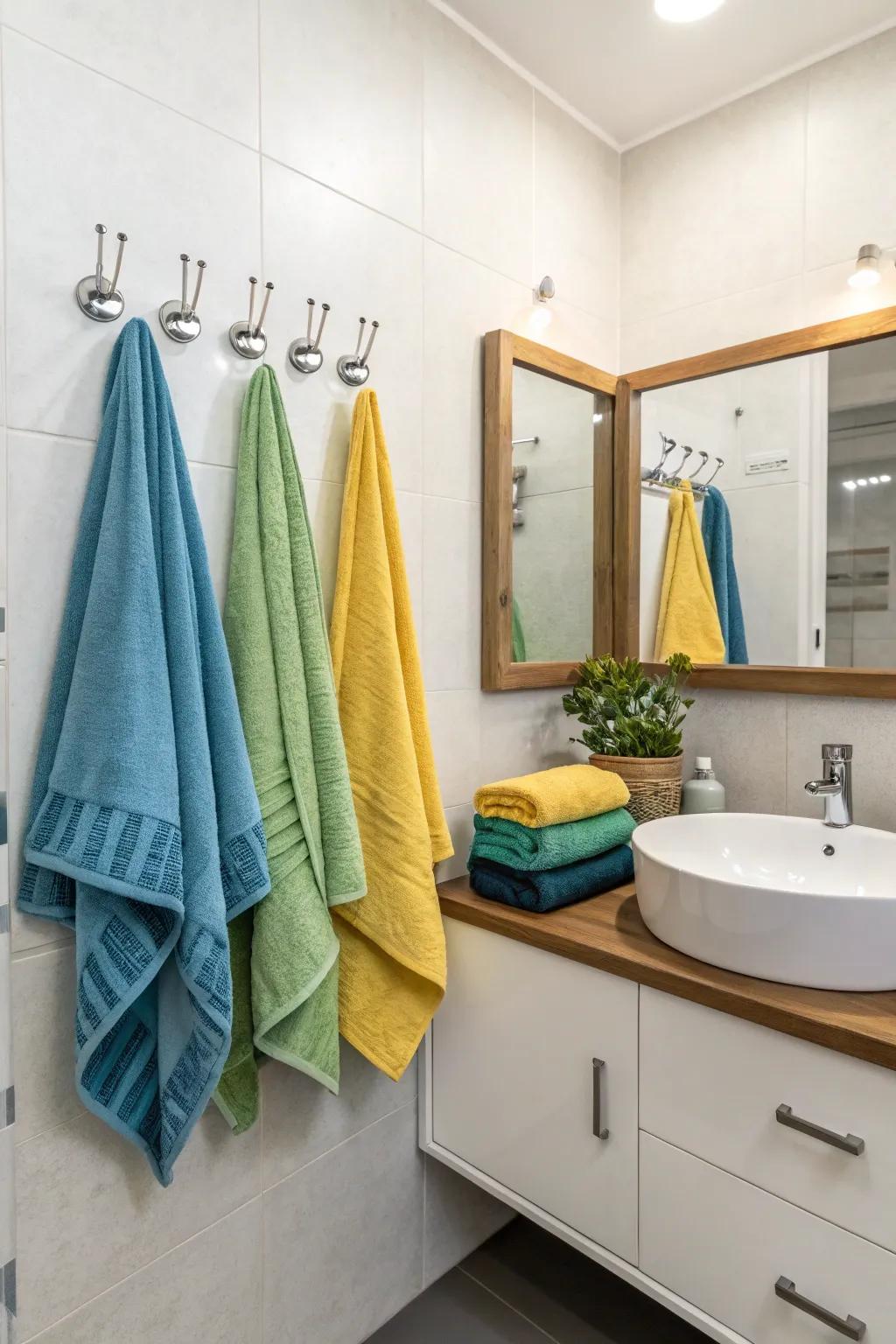 Hooks provide a compact solution for hanging towels without sacrificing style.