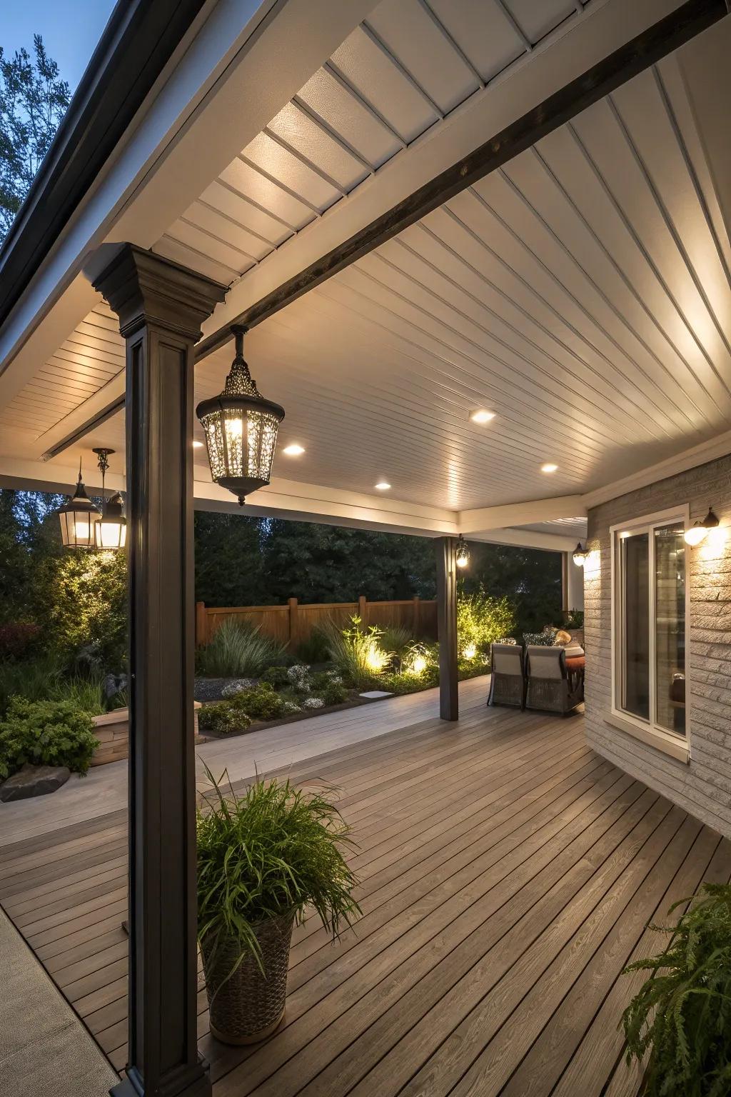 An under deck space featuring a stylish weatherproof ceiling and elegant lighting.