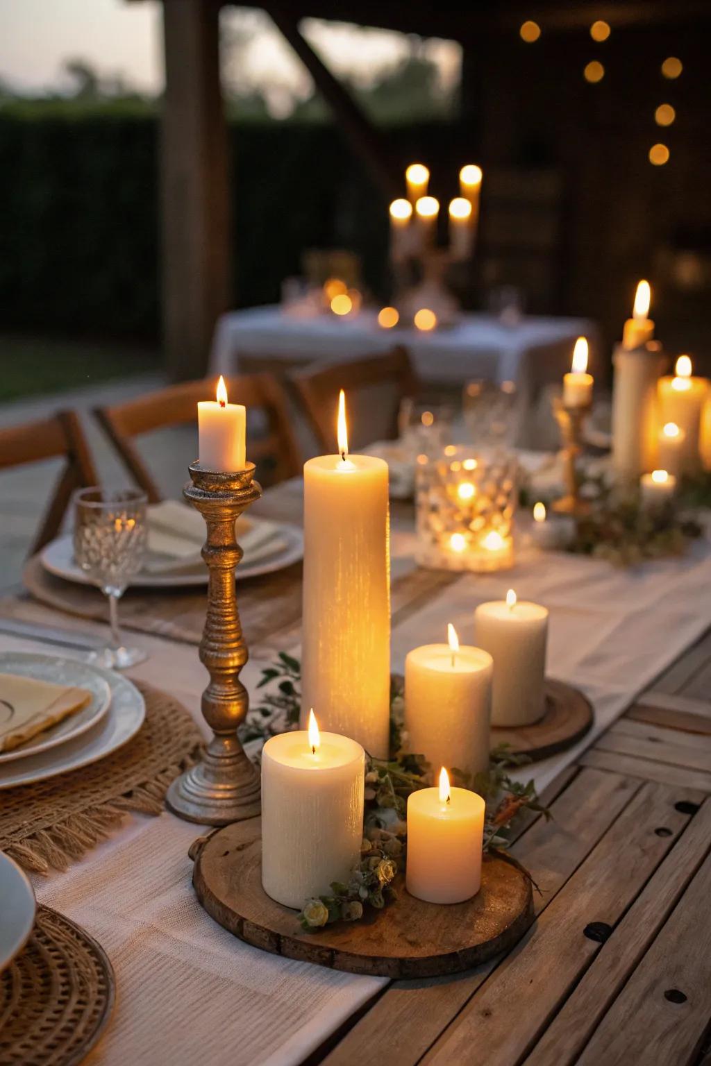 Candles of varying heights create a cozy and romantic ambiance.