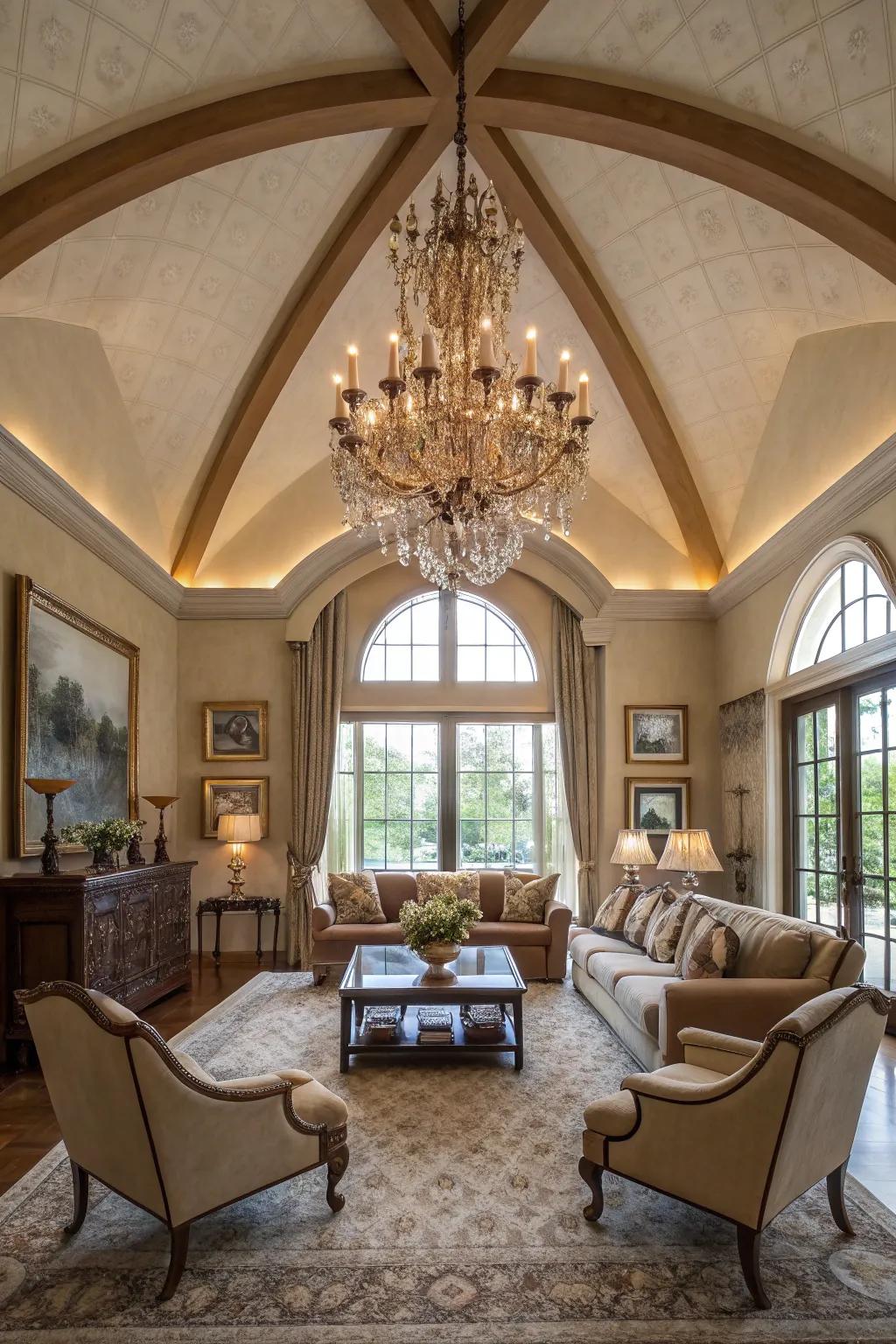 A chandelier offers a captivating focal point beneath a vaulted ceiling.