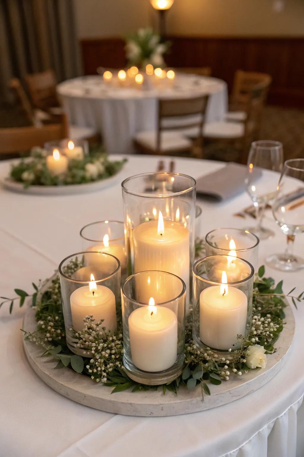 Glass votive holders accentuate the allure of candlelight.