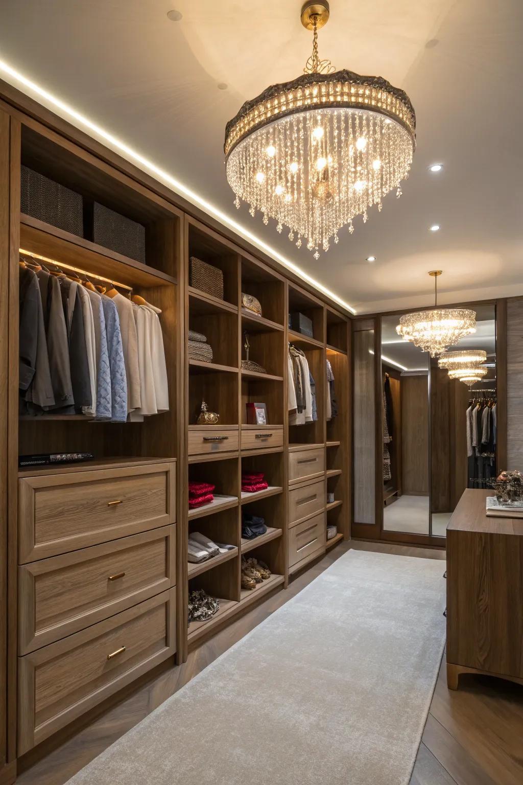 Elegant lighting transforms the closet into a boutique-like space.