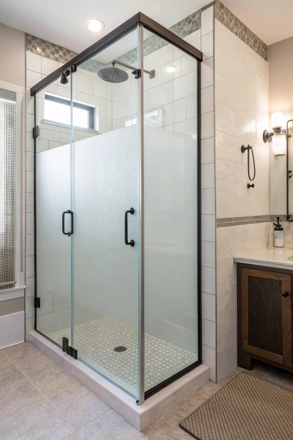 Elegant glass enclosures offer a modern touch while ensuring privacy.