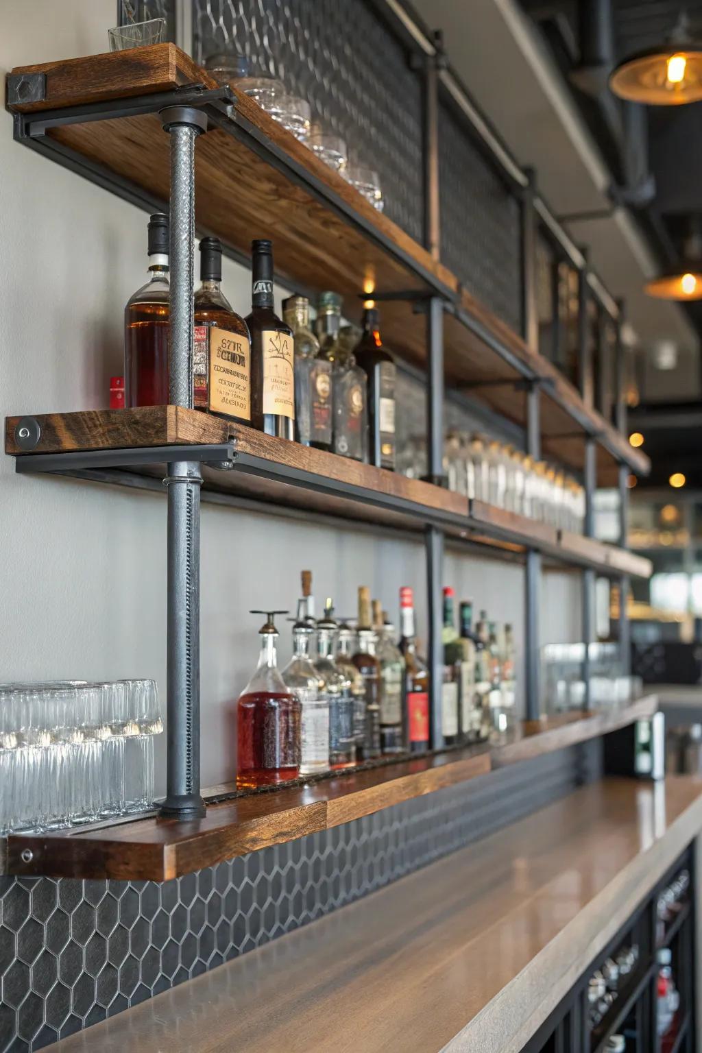 Metal accents add a touch of industrial charm to any wall bar.