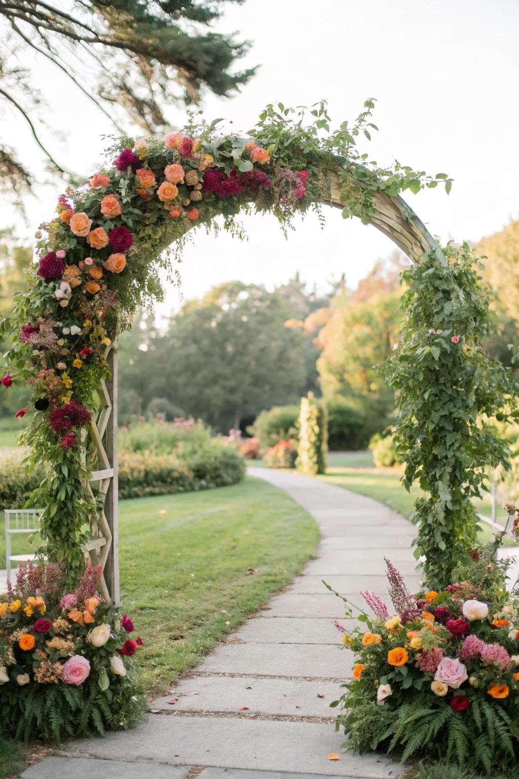 A vibrant floral arch perfect for wedding ceremonies.