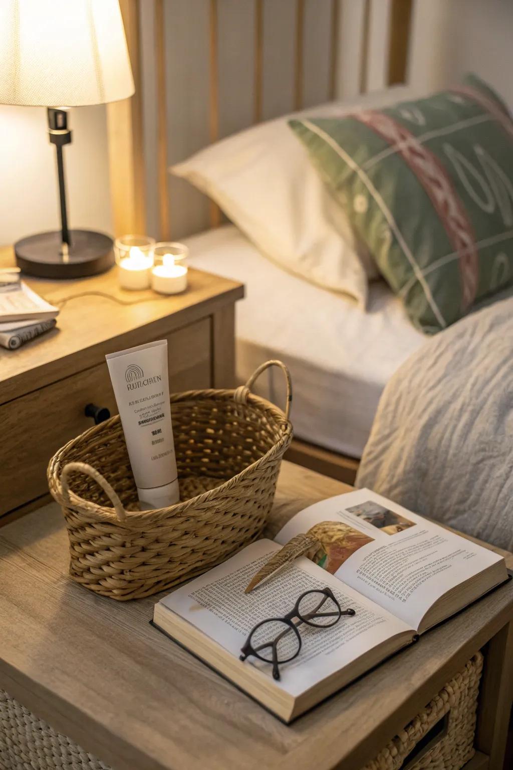 Keep your nightstand tidy with a basket for essential items.