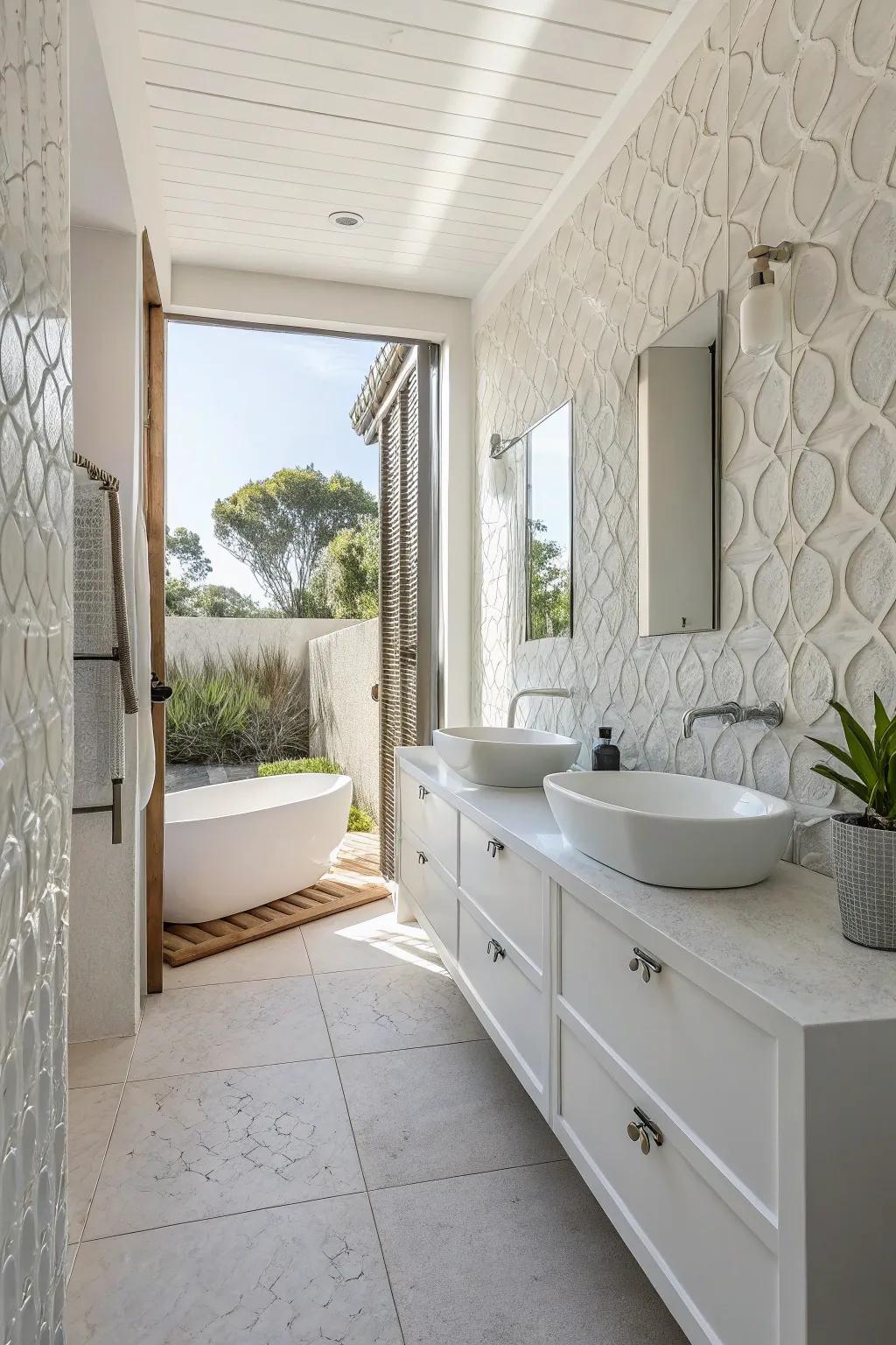 Textured tiles provide a beautiful contrast in this minimalist white bathroom.