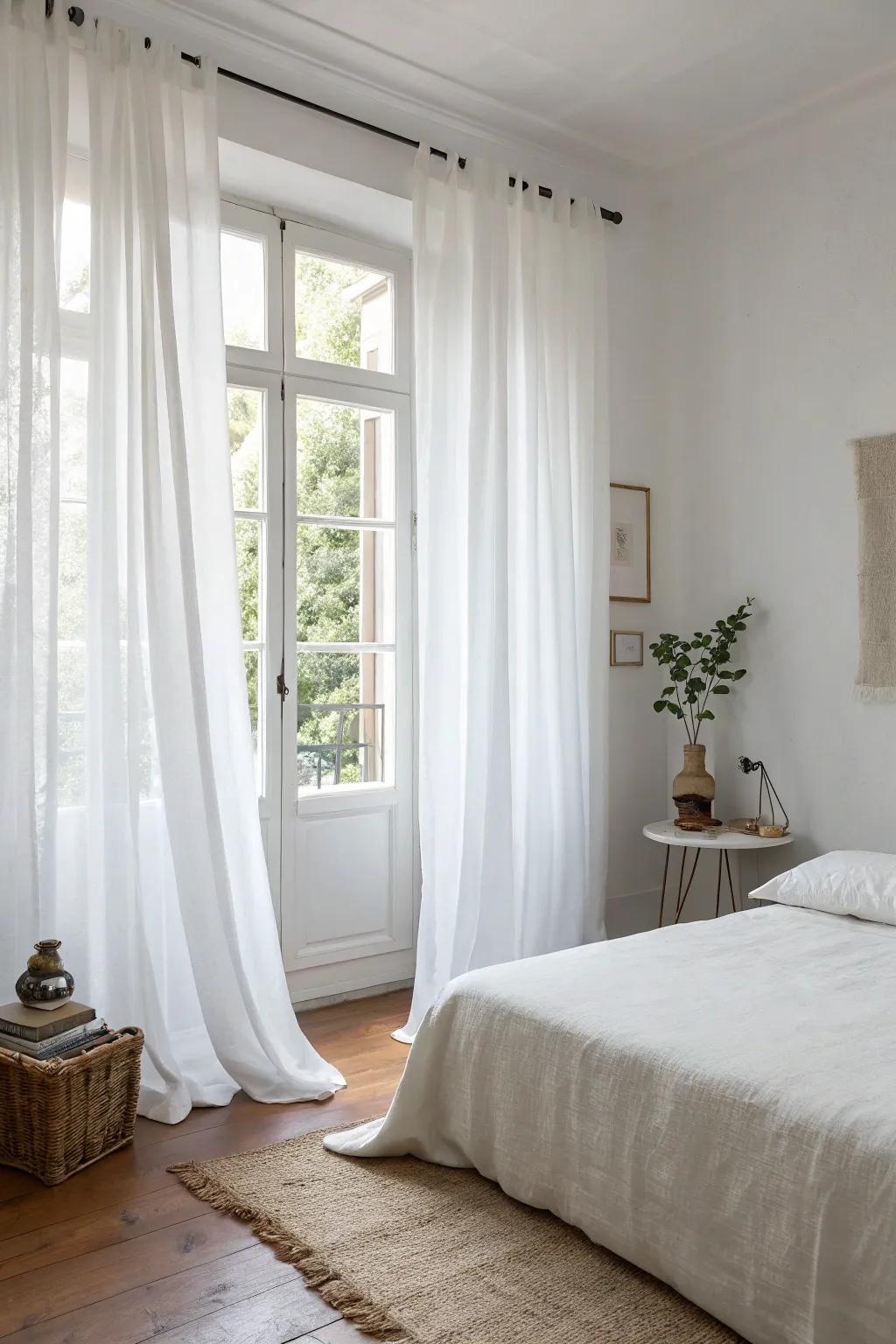 A minimalist bedroom showcases white curtains and a simple decor arrangement.