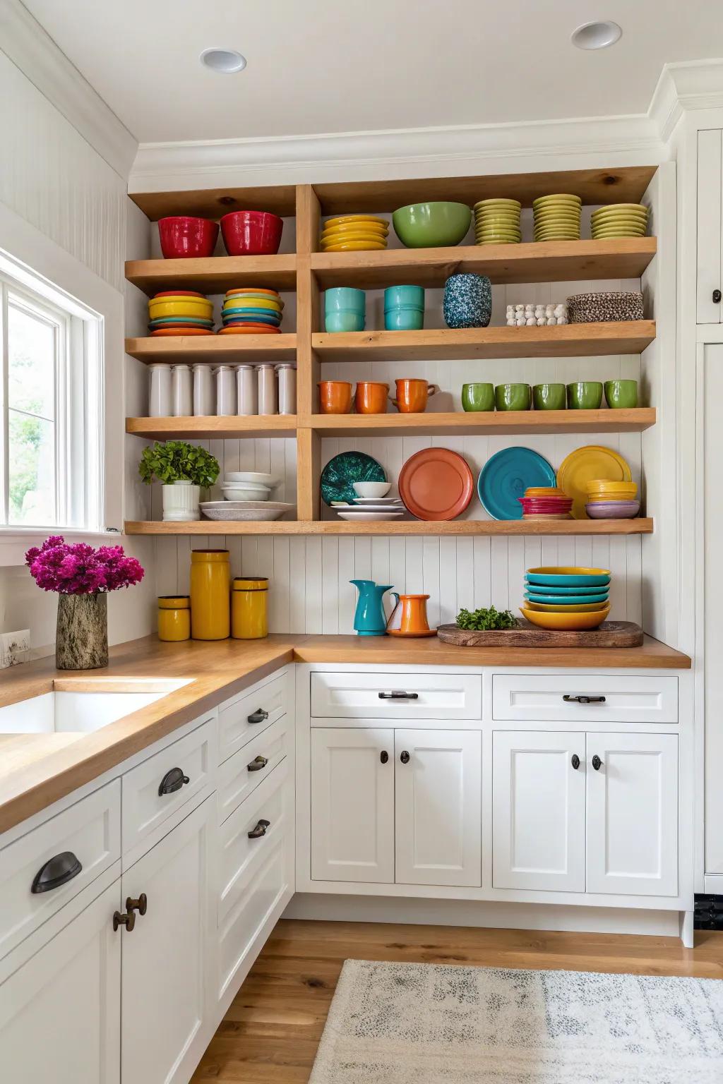 Open shelves add character and warmth to white kitchen cabinets.