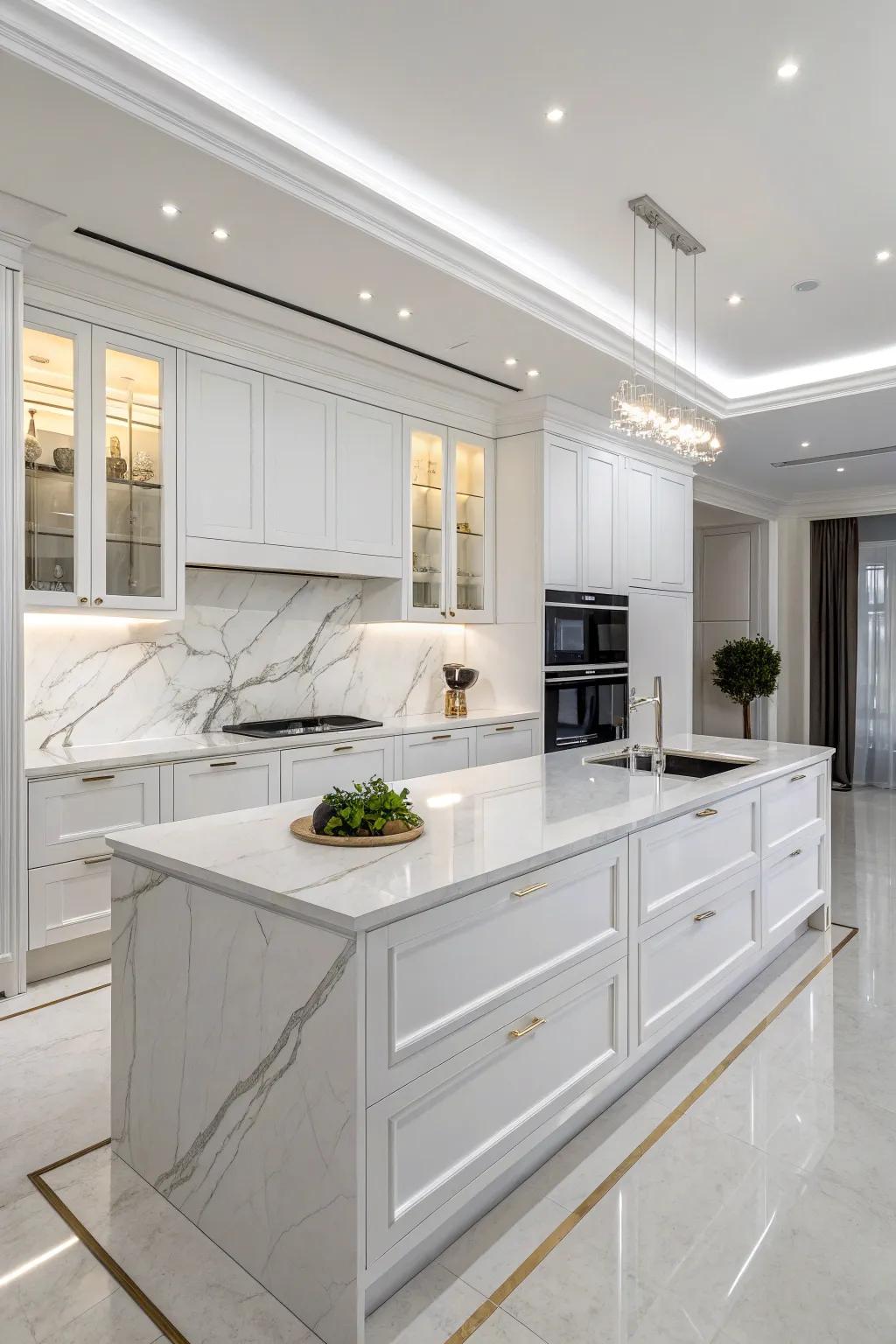 Elegant marble countertops enhance the sophistication of this white kitchen.