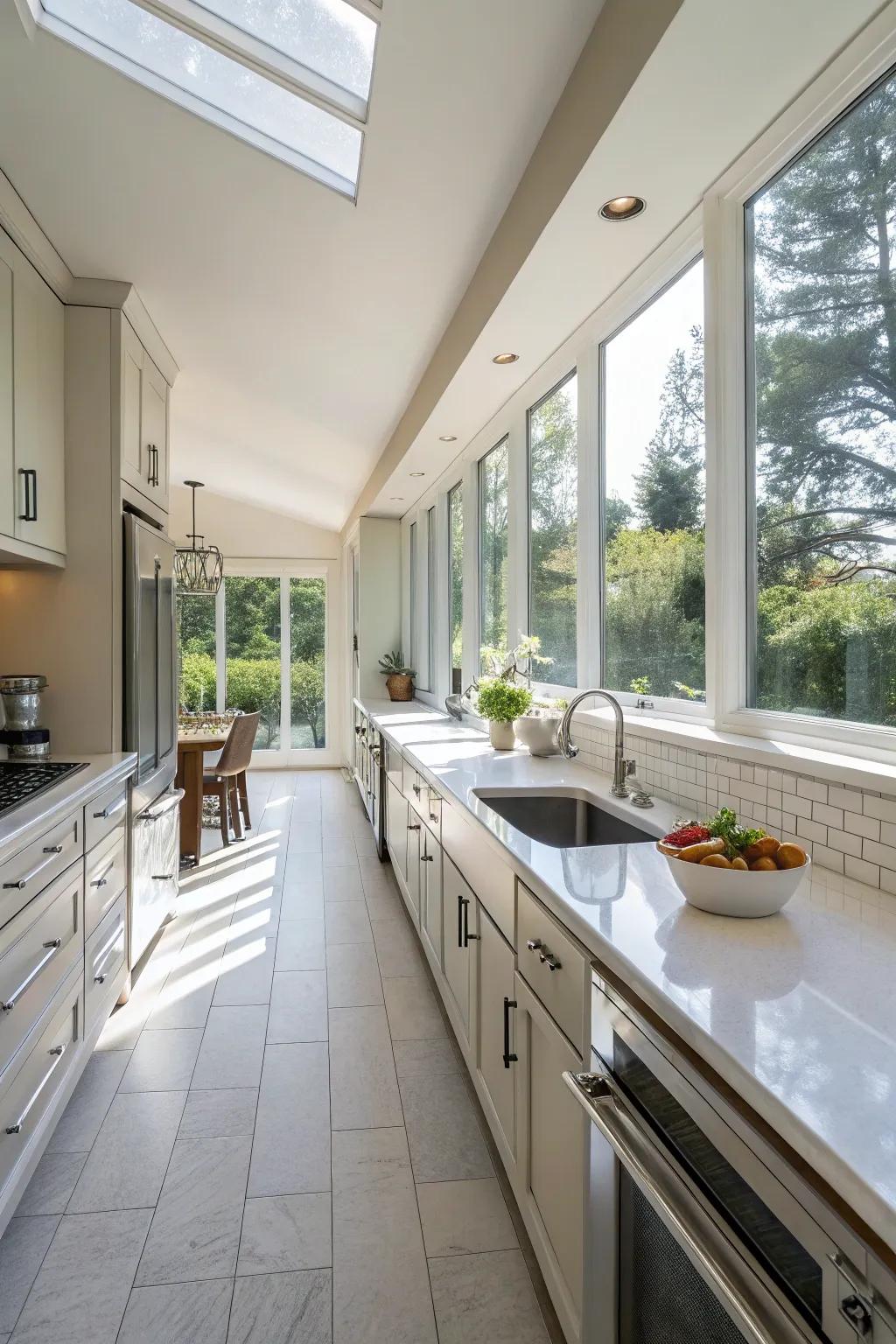 A kitchen bathed in natural light, enhancing its wide layout.