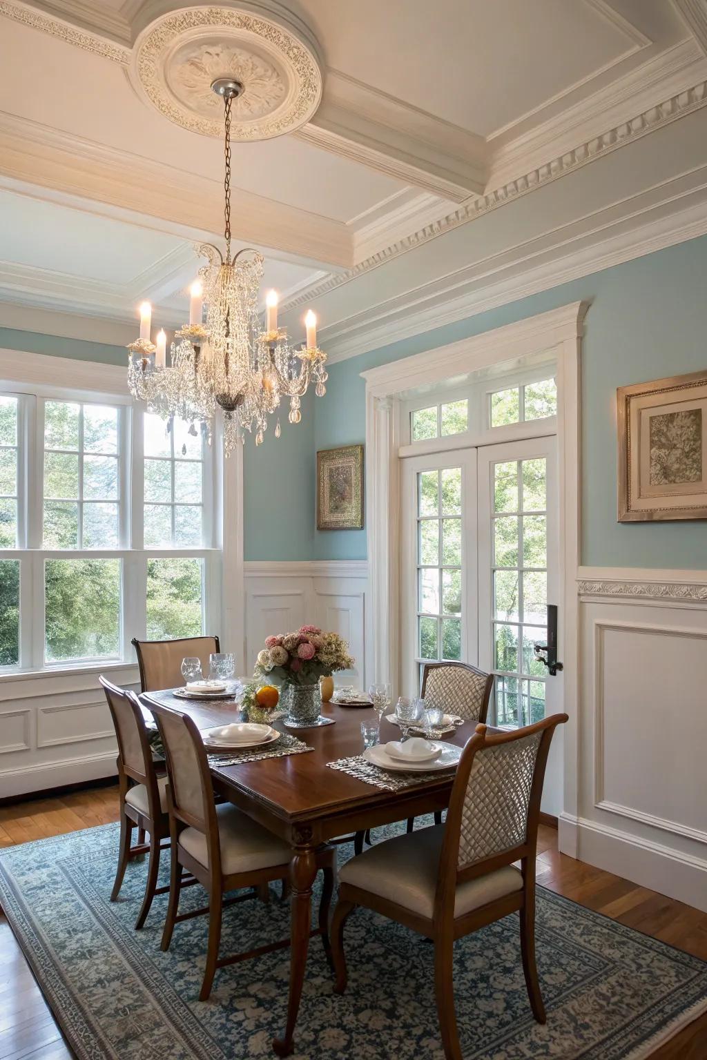 Pristine white trim crafts a sophisticated border for dining room windows.