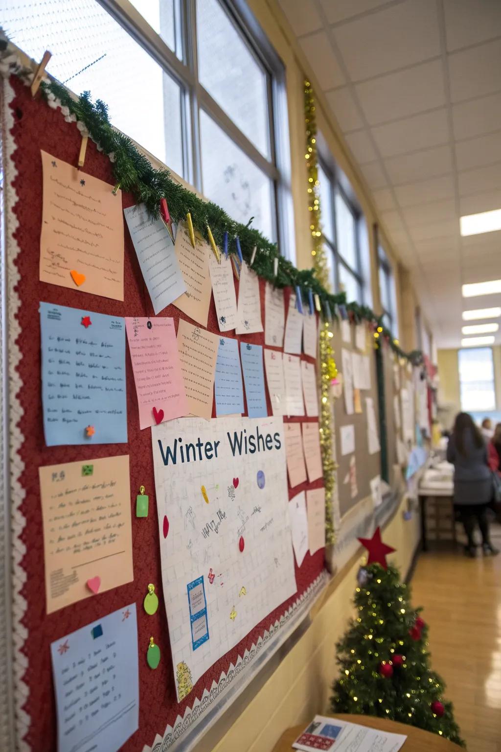 Students' winter wishes create a heartwarming and interactive bulletin board.