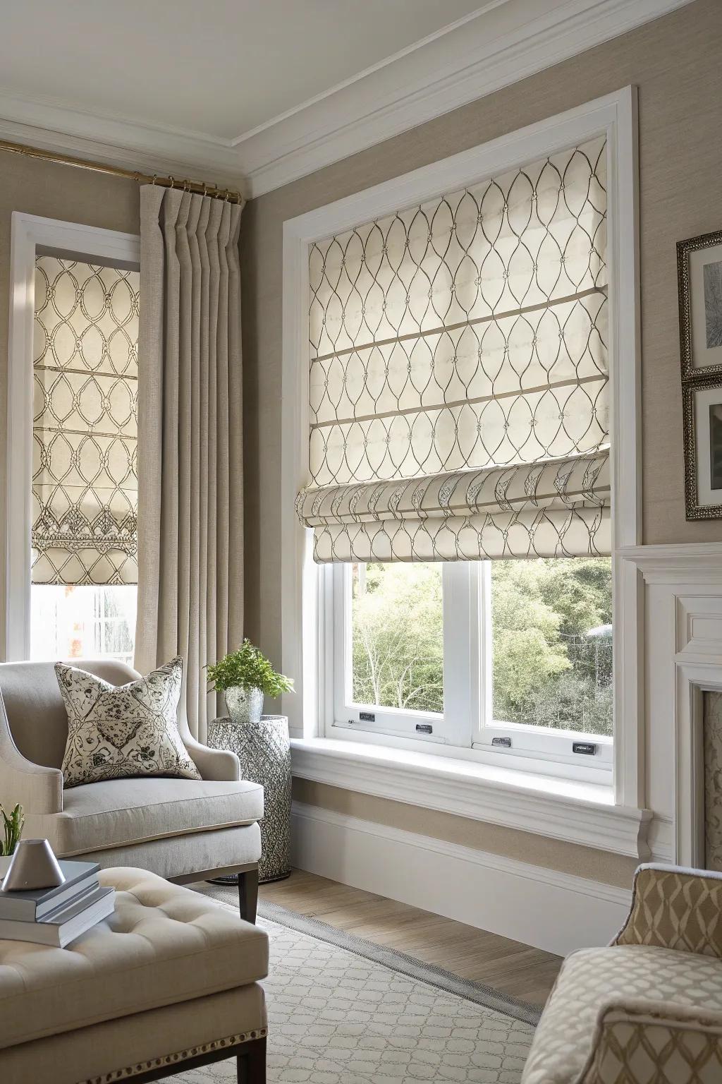 Custom Roman shades offer tailored elegance.