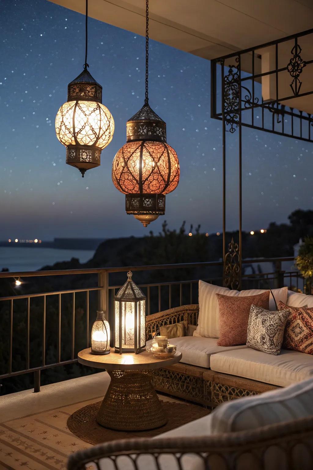 Hanging lanterns create a cozy and inviting atmosphere.