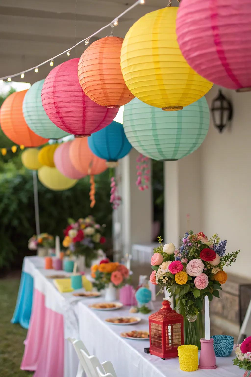 Paper lanterns add whimsy and color to the decor.