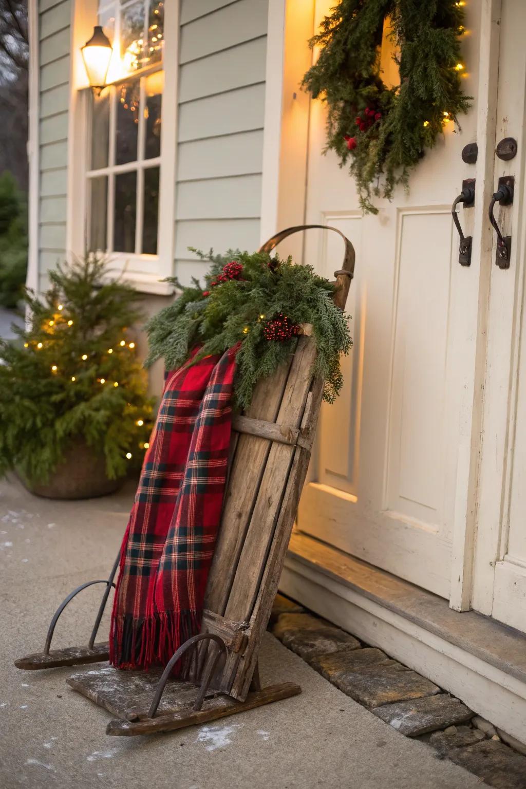 A vintage sled adds a nostalgic charm to this Christmas doorway.