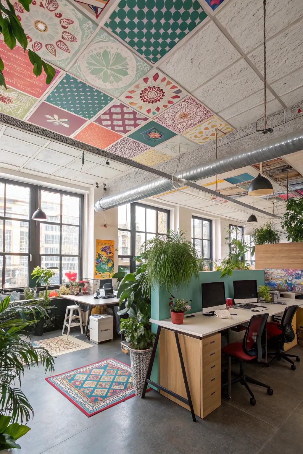 Unique style with mixed and matched ceiling tiles.