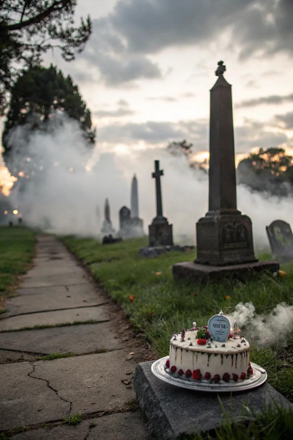 A foggy cemetery cake that's eerily atmospheric.