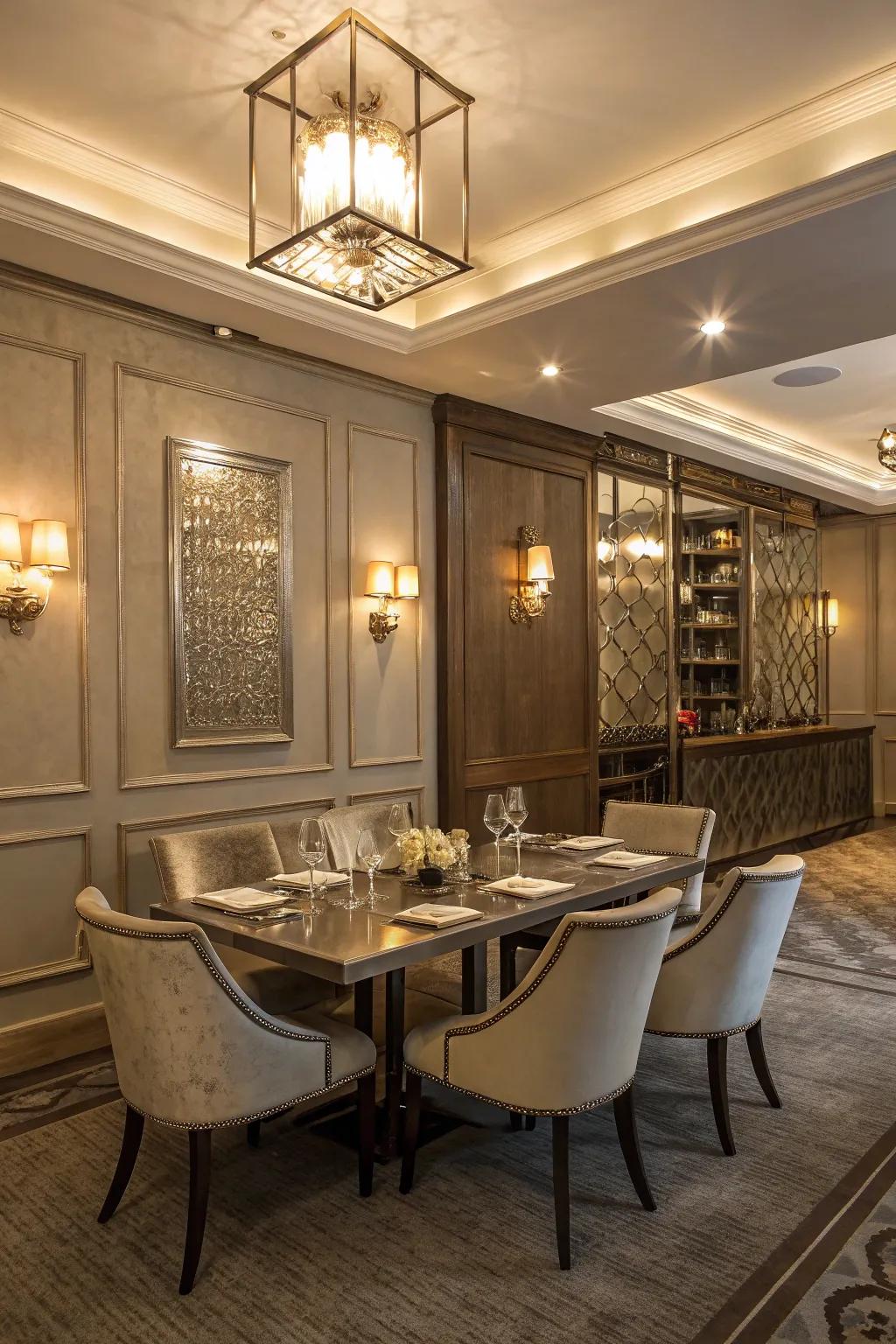 Metallic accents that add a luxurious touch to the dining area.