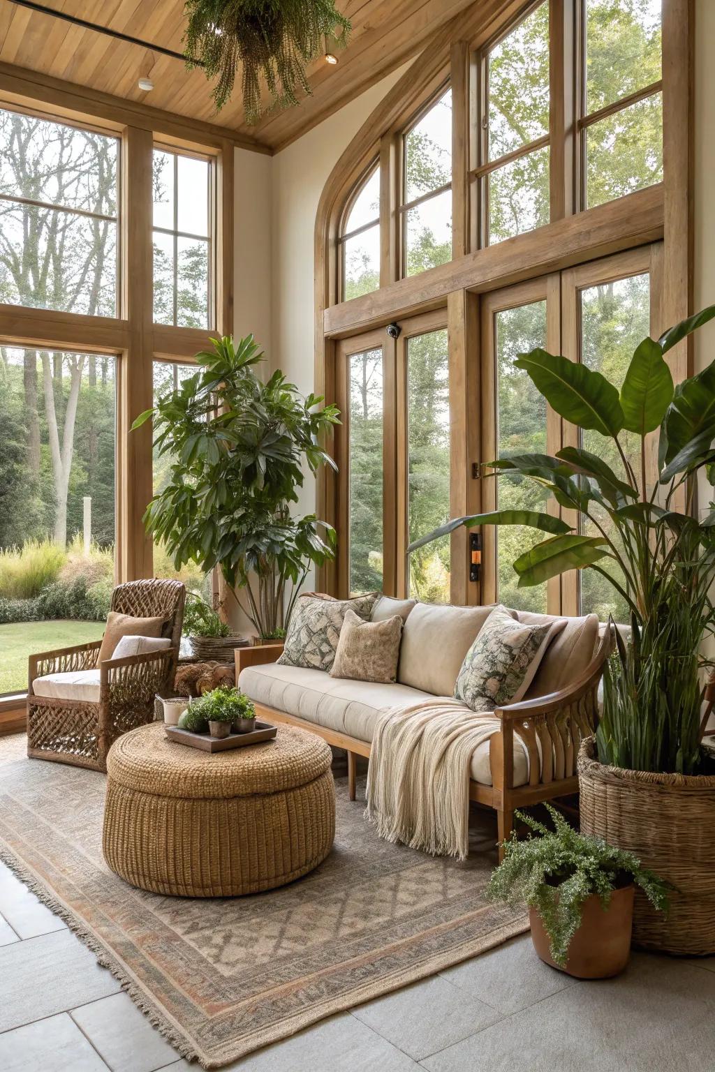 Biophilic design brings a touch of nature to this luxurious living room.