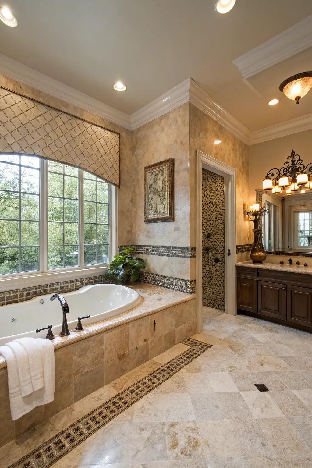 A mix of patterns brings depth and interest to the bathroom design.