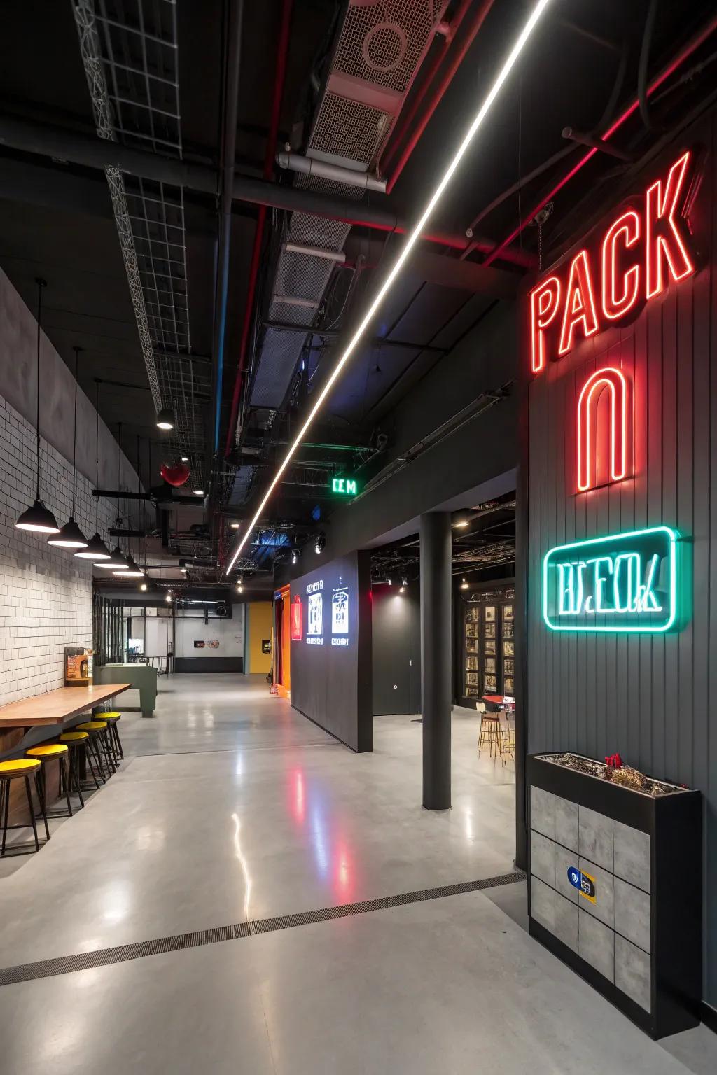 Gas signs add a playful and contemporary vibe to the basement.