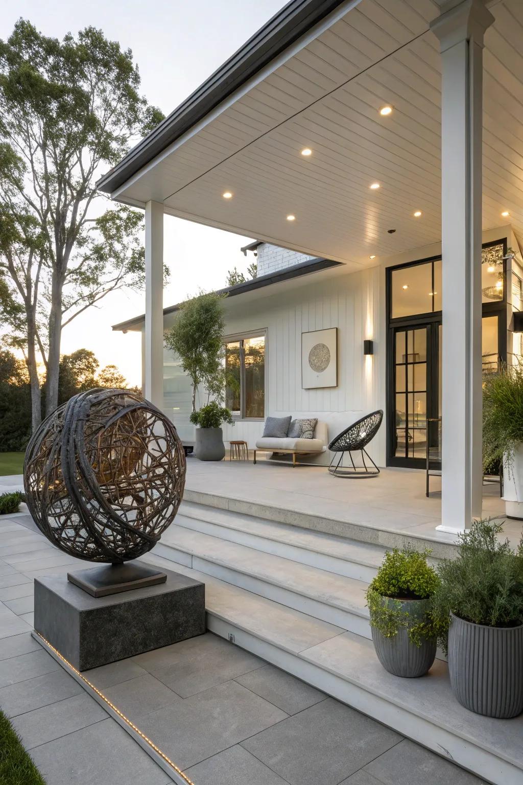 Outdoor art adds personality and intrigue to a contemporary porch.