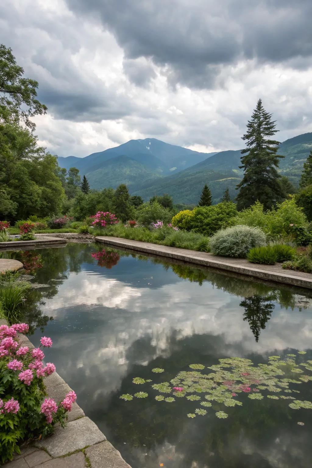 A serene mirror pond mirroring the encompassing splendor.