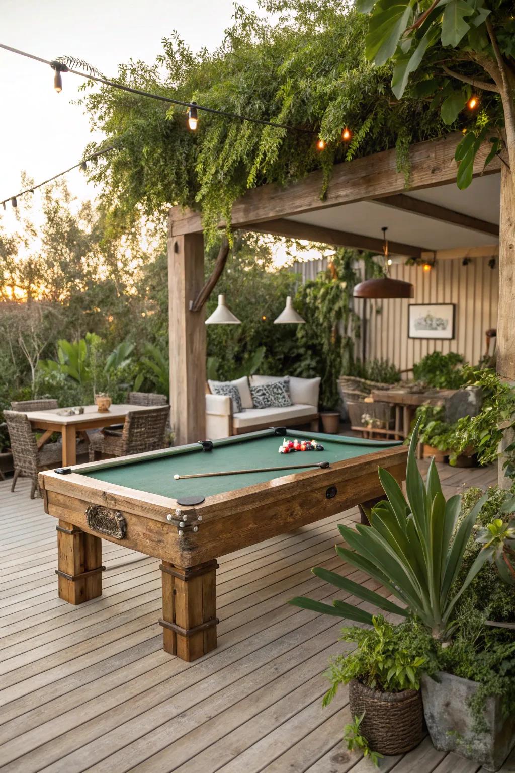 An eco-friendly billiards area featuring reclaimed wood and natural décor.