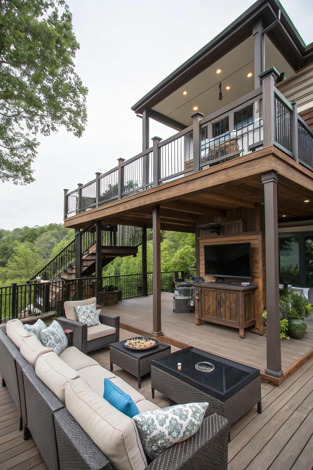 Multi-level decks offer versatility and style to your outdoor TV space.