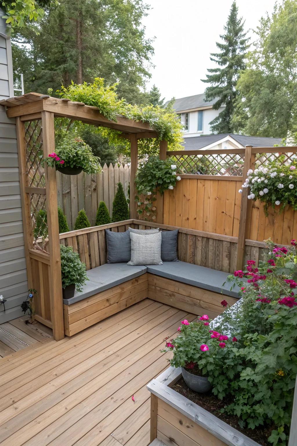 High-back benches create a cozy, private nook on a deck.