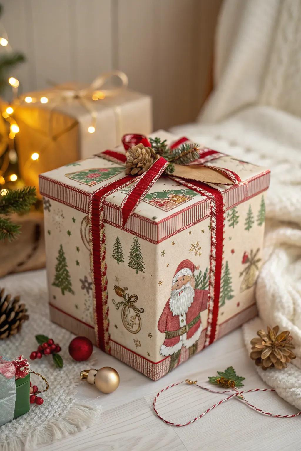 Vintage details add timeless charm to Santa boxes.