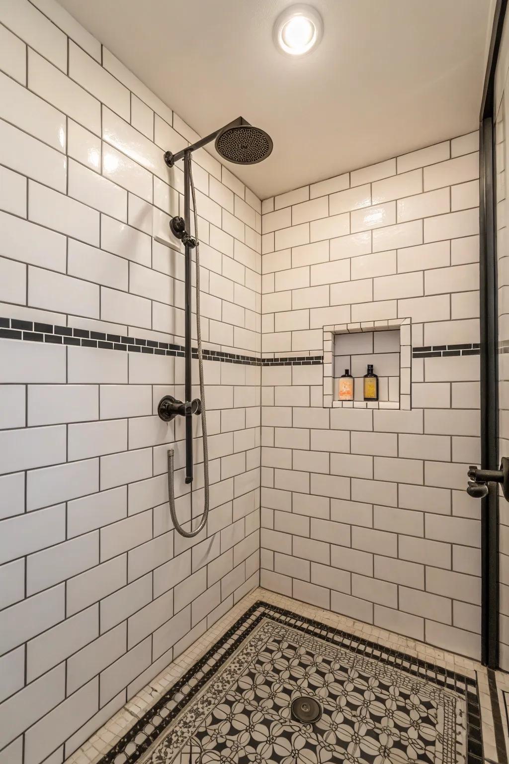 Monochrome tiles fashion a chic, ageless shower design.