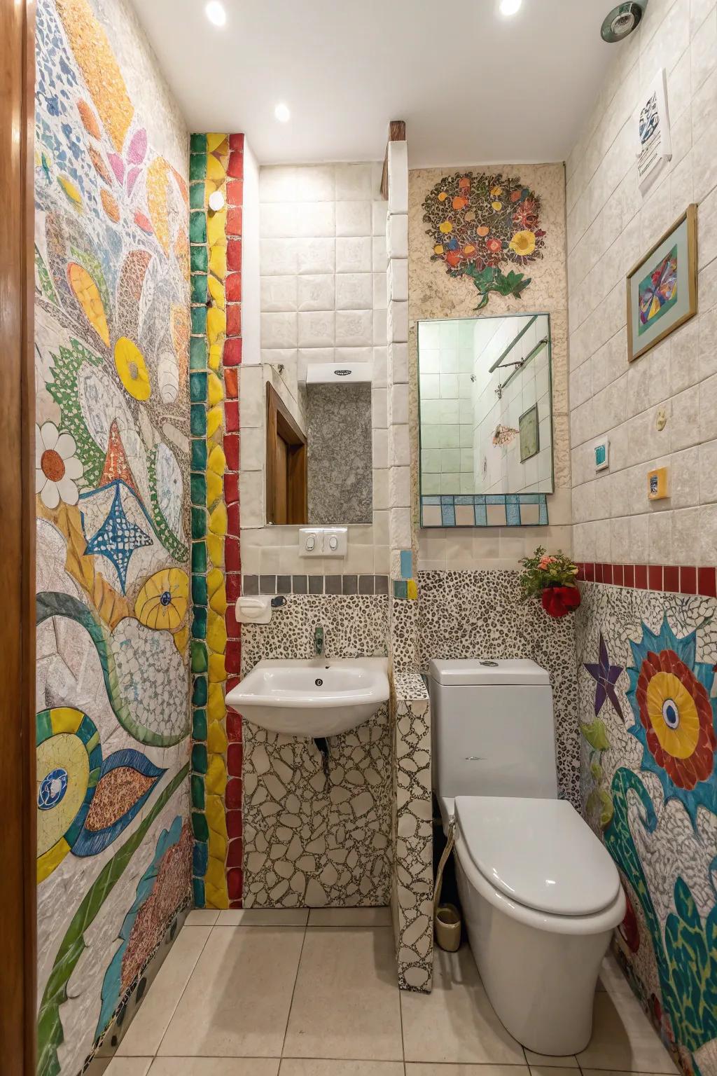 Mosaic segments in a diminutive bathroom, transmuting the space into an animated art display.