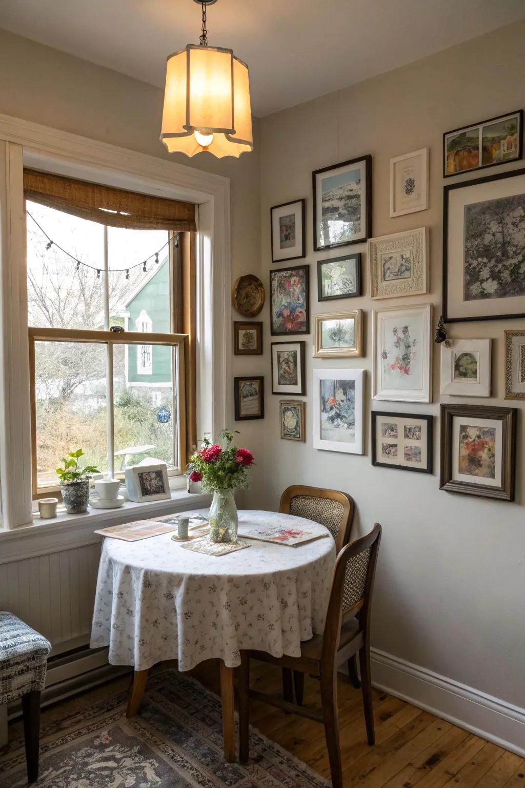 A gallery wall frames the window beautifully, adding character to the space.