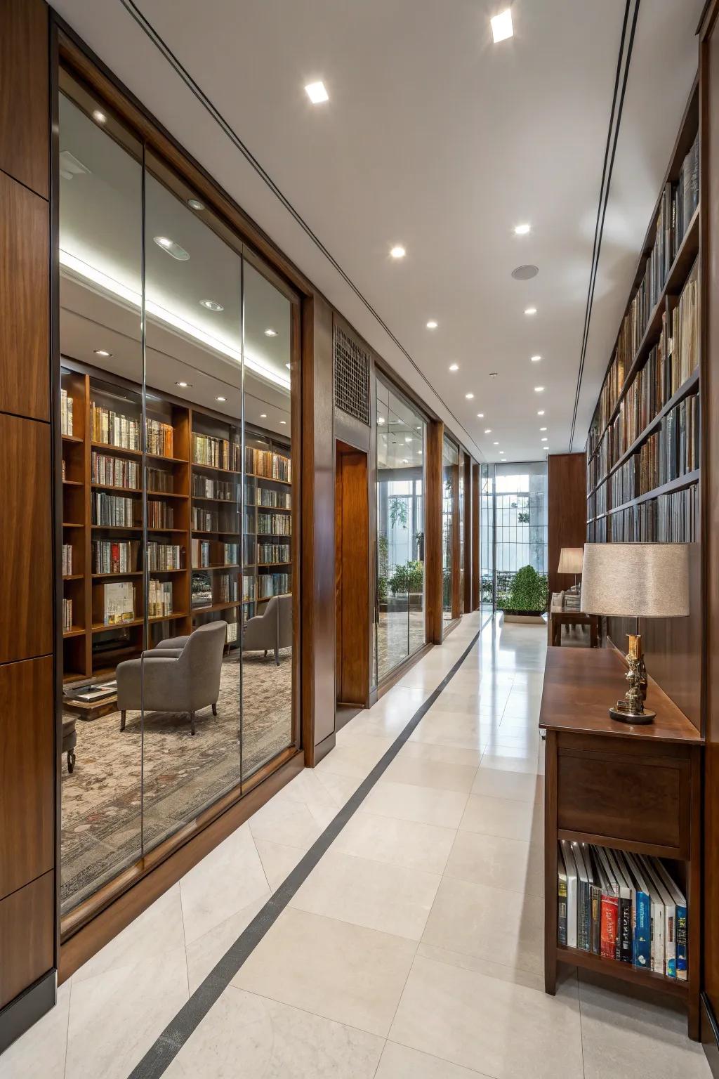 Reflective surfaces can make a small library feel larger.