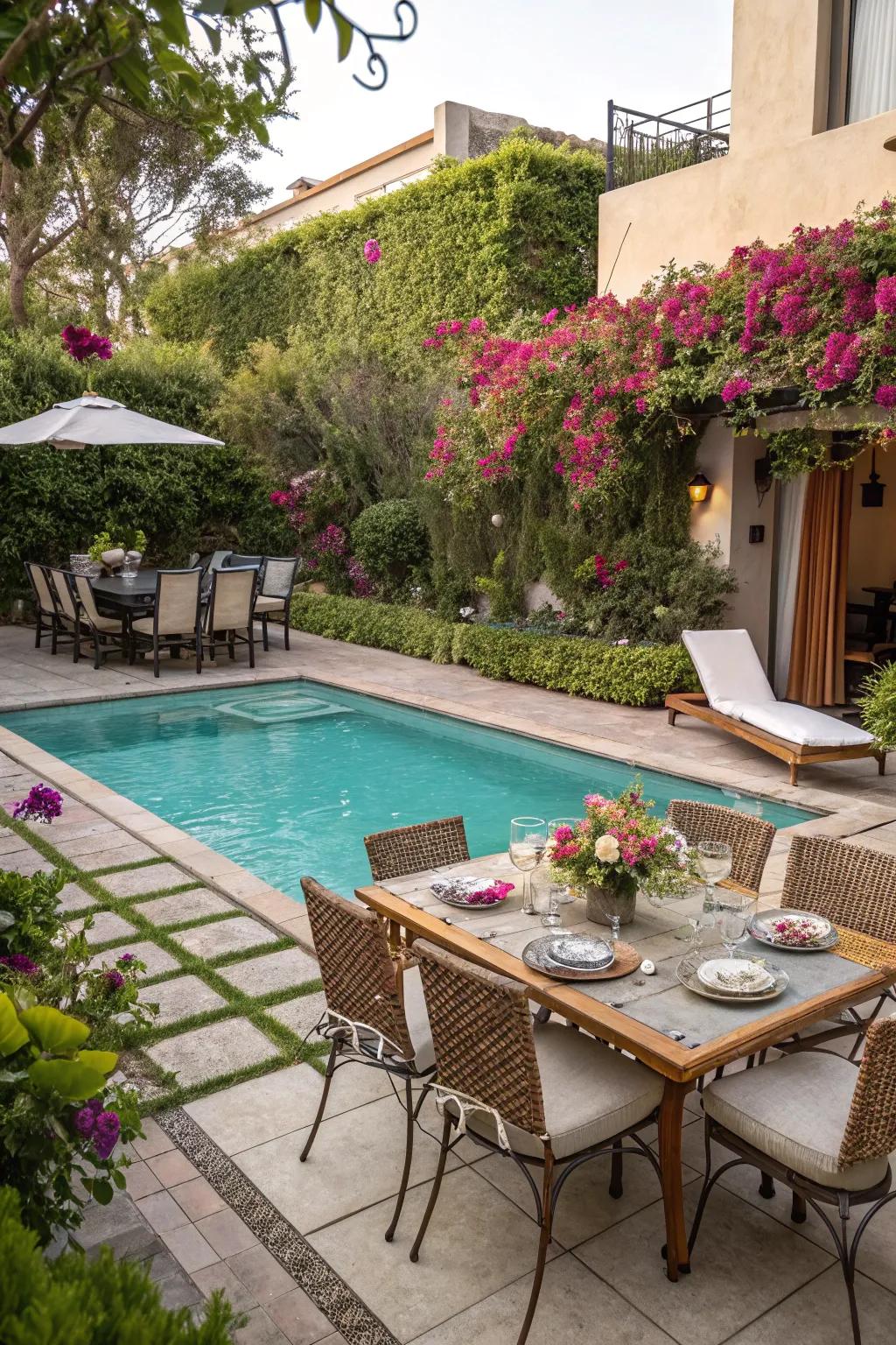 Multi-functional spaces enhancing poolside enjoyment.