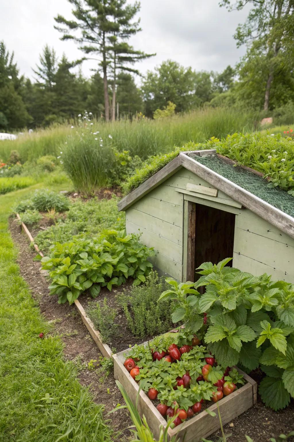 Edible landscaping adds flavor and practicality to your storm shelter area.