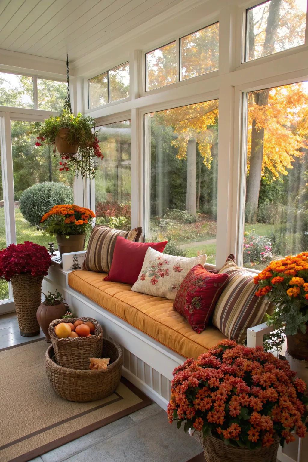 Seasonal decor keeps the sunroom fresh and adaptable.